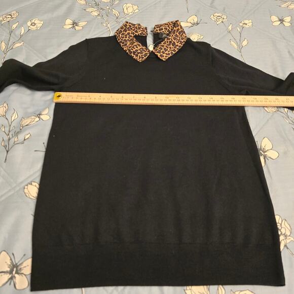NWOT J.Crew Black Wool Sweater Sz S Leopard Print statement Collar Preppy Chic - Picture 5 of 9